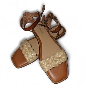 Time and Tru Tan Braided Strap Sandals Size 7 Square Toe Memory Foam